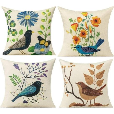 Housse de coussin extérieur 20x20 cm, lot de 4 taies déco oiseaux vintage pour jardin, terrasse, banc, canapé d'été, motif floral, résistant soleil, housse de chaise de patio (1/5)