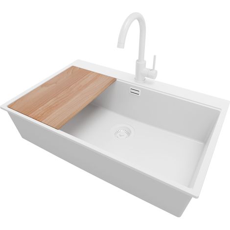 PRIMAGRAN Evier Cuisine en Granit 78x50cm, Lavabo 1 bac + Robinet 32x20cm + Kit de Vidage + Accessoire, Évier à Encastrer au meuble 80cm - Oslo, Tout Blanc (1/5)