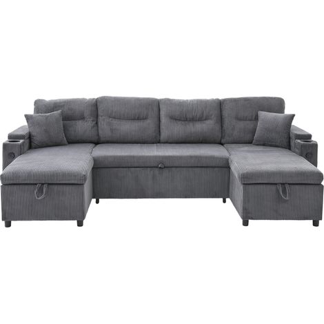 Sofá chaise longue de 4 plazas en pana gris oscuro con almacenamiento, USB y portavasos (1/5)