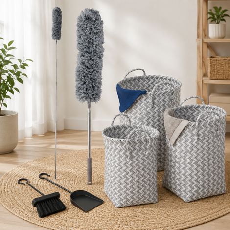 Ensemble de nettoyage pour cheminée en tissu (3 pièces) – Trio de paniers à linge (3 pièces), balayette à cendres et plumeau télescopique (1/5)