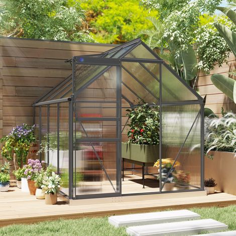 Serre de jardin en polycarbonate 4.8 m²avec fondation. lucarne réglable. porte coulissante 1.9x2.53x1.99m transparent (1/5)