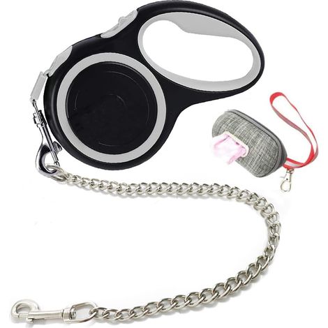 Retractable Dog Lead with Steel Chain Anti-Bite, Durable 5 m Nylon Ribbon Dog Leash for Medium and Large Dogs Extendable Dog Lead, Grey (1/5)