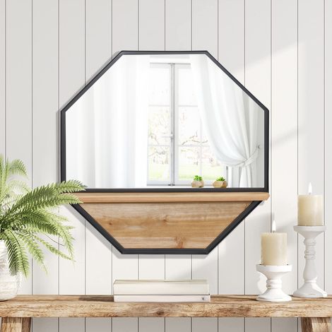 Espejo Decorativo de Pared 61x61 cm Espejo Octágono con Estante para Salón Dormitorio Entrada Negro (1/5)
