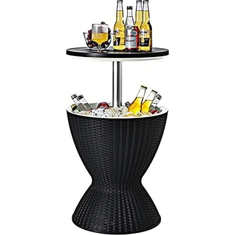 GOPLUS Seau a Glace 3 en 1 Reglable en Hauteur avec Bouchon de Vidange, Table de Refroidisseur de Glace 30L en PP et Rotin Imite, Table de Jardin avec Bassine a Glacons pour Plage,48,5 x 82-57,5CM