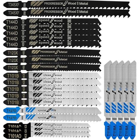 jeu de lames de scie sauteuse, 25 pieces lames de scie sauteuse à queue en t, lame de scie à métaux à haute teneur en carbone, 7 modèles, pour couper du bois, du plastique et du métal fin (1/5)