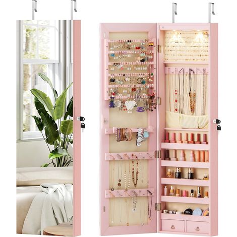 COSTWAY Armadietto per Gioielli con Illuminazione a LED Portagioie da Parete con Specchio, Chiudibile a Chiave, 35,5 x 10 x 120 cm (Rosa) (1/5)