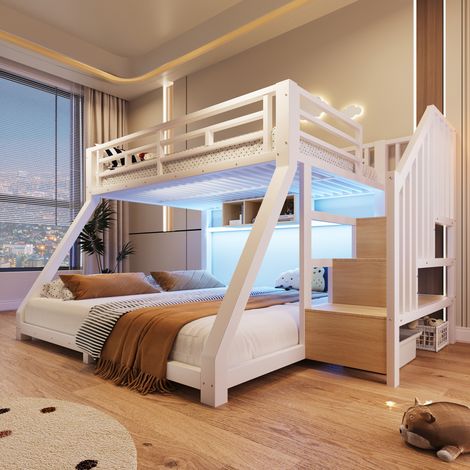 Cama litera, 90200 cm 140200 cm, con tiras de luz LED, tres compartimentos de almacenamiento, estructuras de escalera con almacenamiento, barandilla, escalón, certificado en747, sin colchón, metal, bl