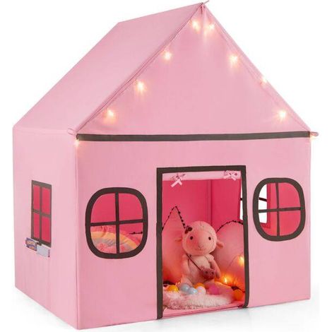 Tente de jeu pour enfants, grande maison de jeu avec rideau de porte et fenêtres, étoiles lumineuses, tapis rembourré antidérapant et poche - rose (1/5)
