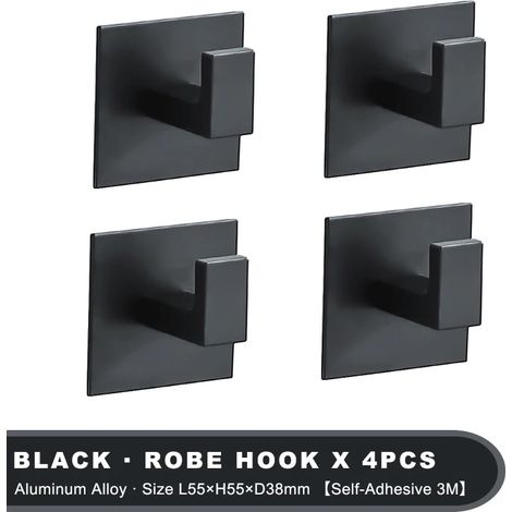 (L1001 Noir Lot de 4) Crochets muraux autocollants noirs pour suspendre clés, vêtements, porte, peignoir, porte-manteau, porte-serviettes, accessoires de salle de bain (1/5)