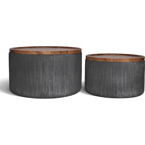 Set 2 Pouf Contenitore Rotondi in Velluto con Coperchio in Legno, Tavolino da Salotto Moderno, Pouf Contenitore Multiuso, Pouf Poggiapiedi, Tavolino Contenitore Salvaspazio Grigio Scuro