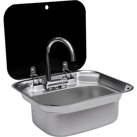 Folding RV Sink & Faucet Combo W/Lid, Bar Kitchen Sink 41 x 36.5 x 16cm Undermount Drop-in Sinks 304 Stainless Steel Single Bowl Workstation Sink Caravan Camper Van Boat Trailer Sink Hand Wash Basin