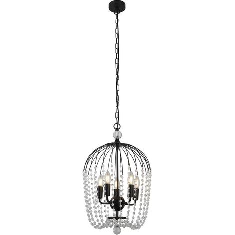 Searchlight Shower Luminaire suspendu à 5 ampoules, fini noir, métal, cristal clair (1/3)