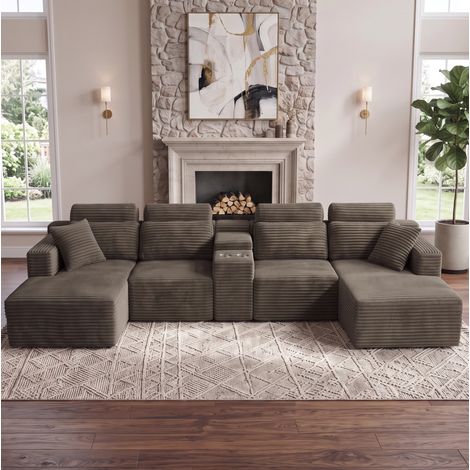 Divano angolare modulare a forma di U, 372x151 cm, con 2 portabicchieri, seduta profonda e cuscini sfoderabili, in velluto a coste color kaki (1/5)
