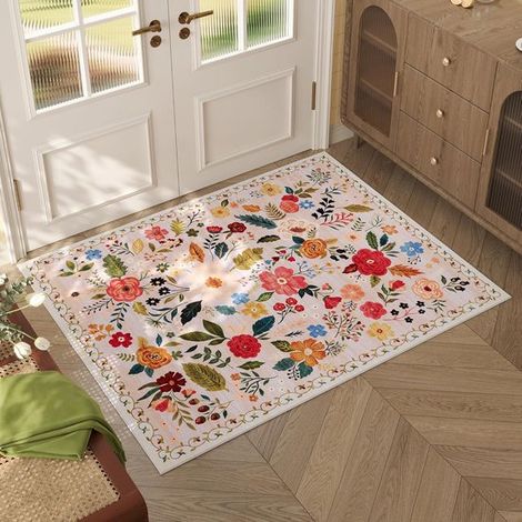 Fußmatte für den Innenbereich – Badezimmermatte – saugfähig und fleckenabweisend – Fußmatte mit Blumenmuster, rutschfest – für Eingänge, Küchen, Haustüren und Kinderzimmer – Cremeweiß (1/5)