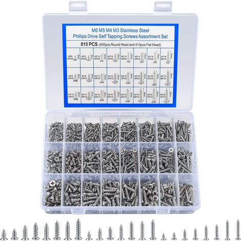 815 pièces M3 M4 M5 Vis à bois autoperceuses, assortiment, acier inoxydable, vis à tête Phillips, vis à tête plate et autoperceuses pour tôle d'acier (405 x tête ronde, 410 x tête plate) (1/5)