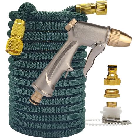 Tuyau d'arrosage haute pression Magic 2,5-30 mètres avec pistolet intégré (2,25 pi) pour la maison et le jardin. Flexible, double raccord métallique, vert foncé. Pistolet de lavage pour voiture. (1/4)