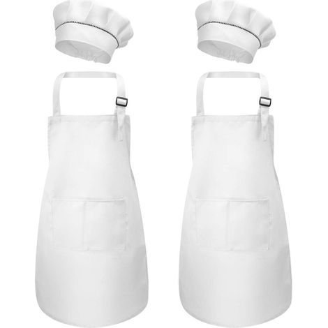 4 Pièces Blanc Tablier Enfant et Chapeau de Chef Set, Bambin Tabliers avec Poches pour Garçons Filles, Tablier de Cuisine Jardin, Tabliers de Chef Cuisson Pour Peinture L'artisanat (M pour 3-6 Ans) (1/5)