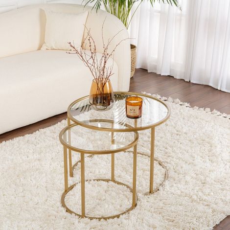 Moderne Runde Couchtisch 2er-Set Uru Gold - Transparentes Glas -