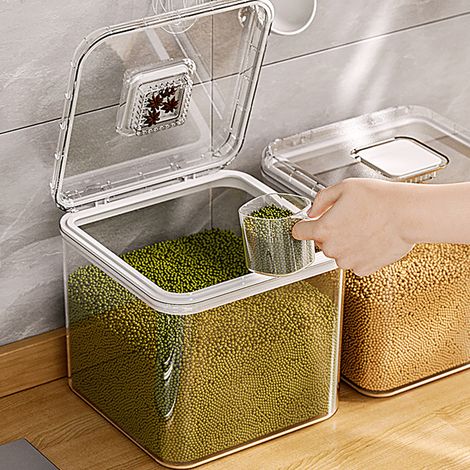 Boîte à riz à couvercle rabattable, hermétique et étanche à l'humidité, idéale pour la maison. Pot à riz, récipient à céréales, grande boîte de rangement pour riz et farine, blanche, 15 catties. (1/5)