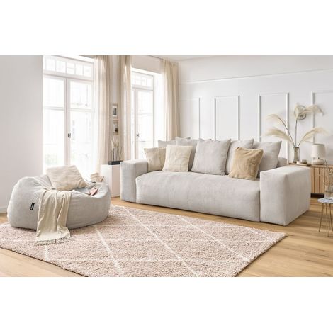 BOBOCHIC - Canapé droit fixe 3 places VOLTAIRE velours côtelé avec pouf   Beige (1/5)