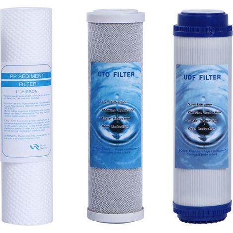KIT TRE CARTUCCE FILTRO SISTEMA FILTRAZIONE ACQUA 1 SEDIMENTI 2 CARBONI ATTIVI 10" 5µ