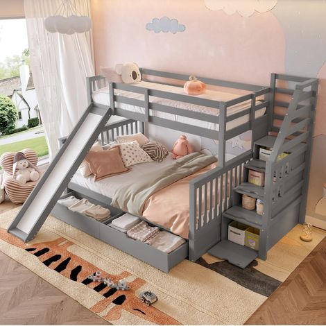 Litera infantil 90x200/140x200 cm gris en pino y MDF con tobogán y cajones (1/5)
