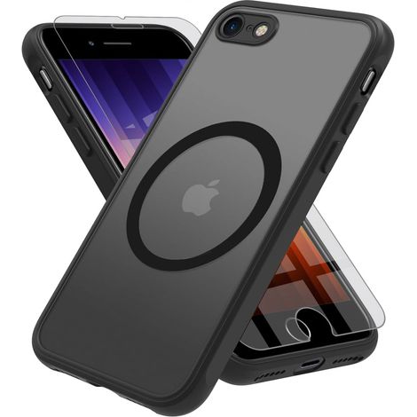 Coque pour iPhone 7/8/SE 2020/SE 2022, compatible MagSafe, coque hybride mate, noire avec verre trempé