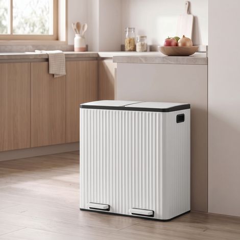 Poubelle Cuisine Tri Sélectif 2 Bacs à Pédale 2 x 30 L 59,1 x 36,5 x 62,7 cm Blanc (1/5)