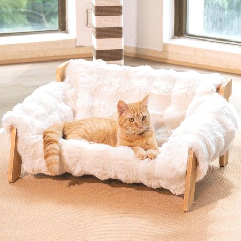 Lit pour Chat, Panier Chat en Bois de Hêtre Robuste (2,8 KG), Intérieur avec Toile Épaisse sans Affaissement pour Fenêtre et Salon, 70x47x30cm (1/5)