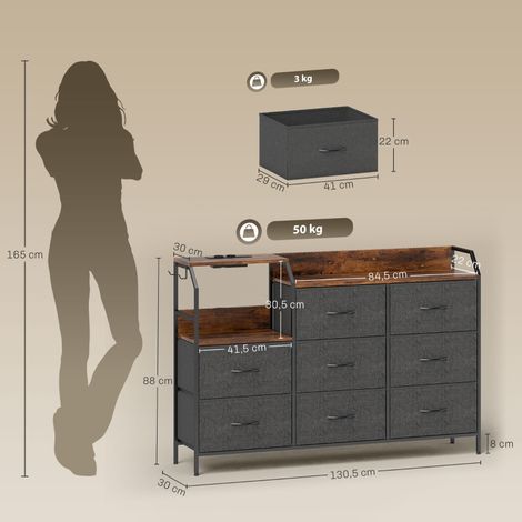 Commode 8 tiroirs en tissu avec structure acier, station de charge USB, teinte marron et noire, rangement pratique pour chambre, meuble robuste et élégant. (1/5)