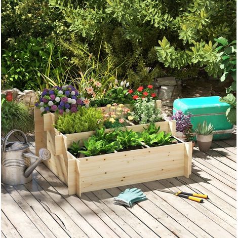Jardinera elevada 117x100x54 cm color madera natural de madera con 3 niveles y 9 compartimentos (1/5)