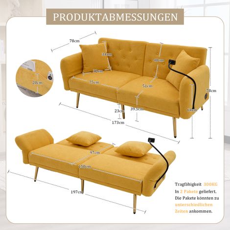 Canapé-lit multifonctionnel pour deux personnes avec dossier réglable, deux ports USB, support pour téléphone portable, poche latérale, pieds en métal – un canapé pliant moderne pouvant servir de sièg (1/5)