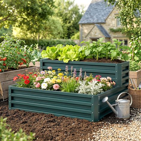 Carré Potager 2 Étages Fond Ouvert - 120x101x58cm Vert (Herbes/Légumes/Fleurs)