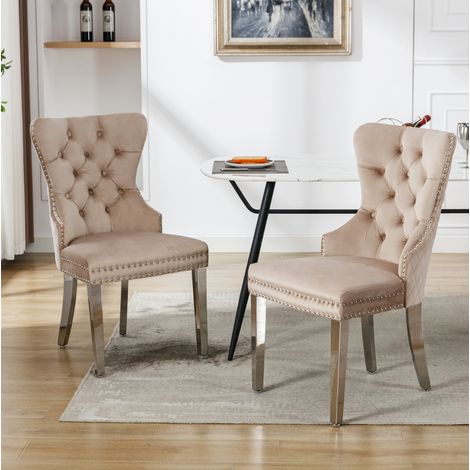 Set di 2 sedie da pranzo imbottite con borchie decorative, beige (1/5)