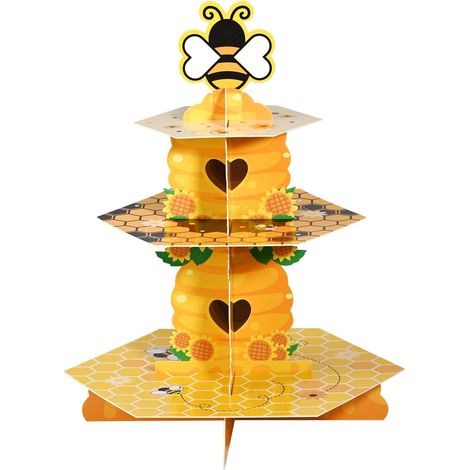Présentoir à cupcakes à 3 étages sur le thème des abeilles, adorable tour à desserts en forme d'abeille, présentoir hexagonal en carton pour fête d'enfants, thème abeille (1/5)