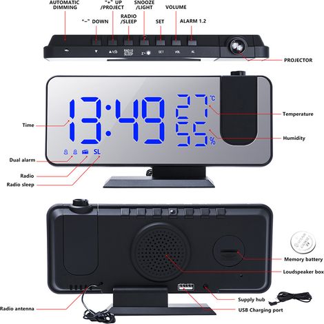 LED-Digitalwecker, Digitalprojektor, Radiowecker, Wecker mit verstellbarem Spiegel, trendiges Design (1/4)