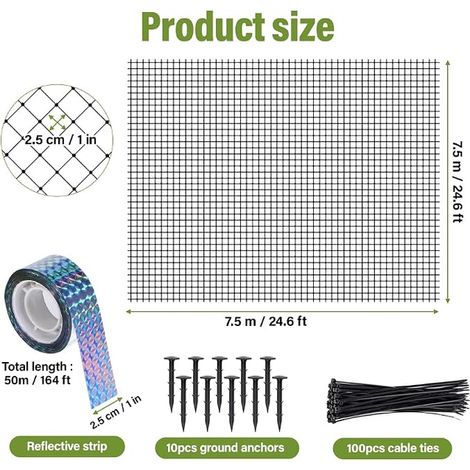 Filet Anti Oiseaux 7.5m X 15m, Filet Protection Oiseaux Noir, Filets Anti Pigeon, pour Protéger Potagers Fruits Contre Dommages, Maille de 5x5 cm (1/4)