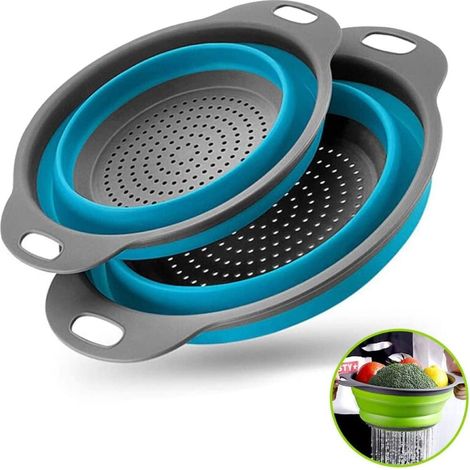Set de deux entonnoirs pliables ronds en silicone un grand un petit pour égoutter pâtes légumes et fruits