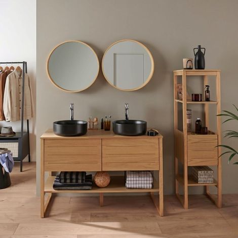 Badezimmer-Set Doppelwaschbecken-Möbel 120cm in Eiche mit runden schwarzen Waschbecken, Armaturen, Spiegeln und Hochschrank (1/5)
