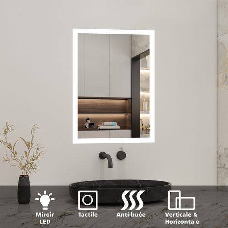 Miroir de salle de bain rectangulaire illumination LED intégrée avec fonction anti-buée 50cmx70cm Horizontal/Vertical Blanc froid (1/5)