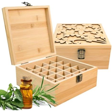 Boîte de rangement en bois pour huiles essentielles et aromathérapie, 25 flacons - Organisateur pour parfums, cosmétiques, bijoux, maquillage (1/4)