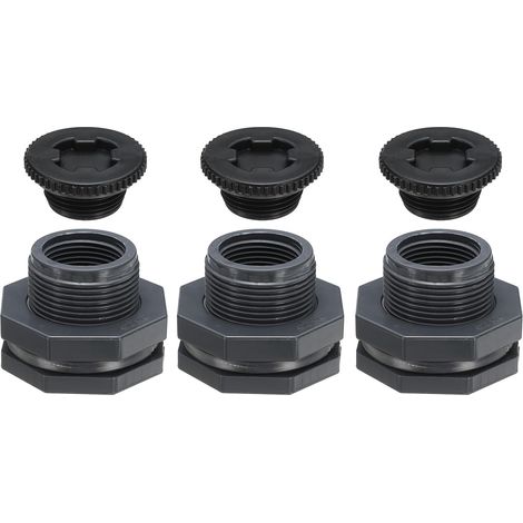 Raccord De Cloison en PVC avec Bouchon G 1, 3 Pièces Raccord Double Filetage pour Réservoir d'eau avec Joint D'étanchéité en PVC pour Seau De Pluie, Éviers, Aquariums, Gris (1/5)