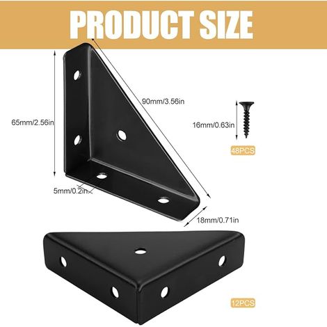 Wall Bracket Metal Triangle 65 mm x 65 mm Cold Rolled Steel Union Braces for Office Bed Edge Black (1/4)