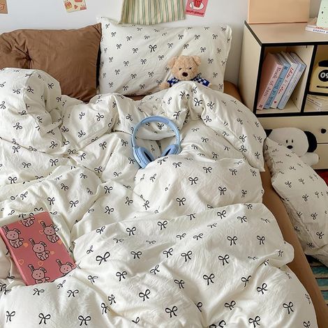 Parure de lit 155x220 pour fille Blanc avec nœuds noirs pour enfant, parure de lit 2 pièces Aesthetic Kawaii en microfibre douce et respirante, housse de couette pour lit simple avec (1/5)