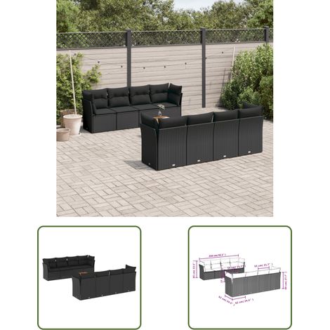 The Living Store 9-tlg. Garten-Sofagarnitur mit Kissen Schwarz Poly Rattan - Gartensortiment - Outdoor Möbel - Lounge Set - Gartenlounge - Esstischset (1/3)
