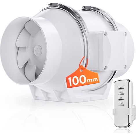 100mm Ventilateur Extracteur en Conduit Régulateur 2 Vitesse  Télécommande IR 5m, Grand Débit. Ventile, évacue Humidité et Fumée pour Garage, Tente de Culture, Imprimante 3D (1/5)