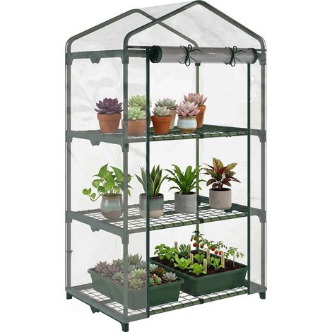 Mini serre avec bâche en plastique, structure en acier et 3 étagères, 69 x 49 x 125 cm, transparente