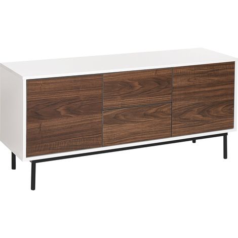 Aparador madera oscura blanco 120 x 38 cm 2 puertas estantes cajones patas metal Okland
