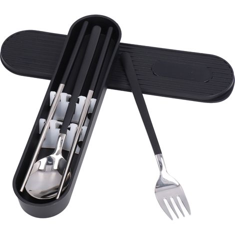 Couverts En Acier Inoxydable 304 - Fourchette Cuillère Baguettes - Pour École Bureau Voyage Camping - Ensemble Noir Et Argent (1/5)