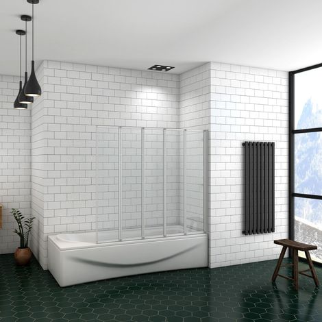 Mampara de bañera plegable 5 hojas, el perfil de aluminio mate, 4mm cristal templado, 140x120cm